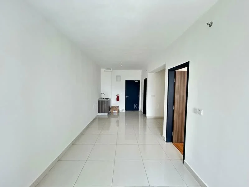 Room features: white painted walls, glossy ceramic tile flooring, recessed downlights, open layout, kitchenette with sink, fire extinguisher on wall, doorway leading to another room, doorway leading to entrance, neutral color scheme; style: modern.