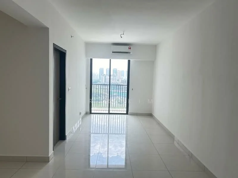 Living features: white painted walls, glossy ceramic tile flooring, floor-to-ceiling windows, sliding glass door, 1 wall-mounted split AC, recessed downlights, neutral color scheme, balcony access, city view; style: modern; view: city.