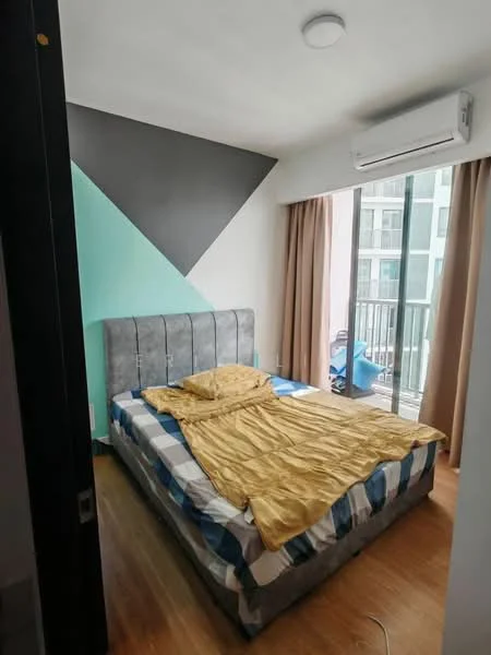 Bedroom features: king-size bed, upholstered headboard, yellow bedspread, plaid patterned bedding, wooden flooring, floor-to-ceiling windows, sheer curtains, wall-mounted split AC, accent wall with grey and teal paint, decorative ceiling light; style: modern.