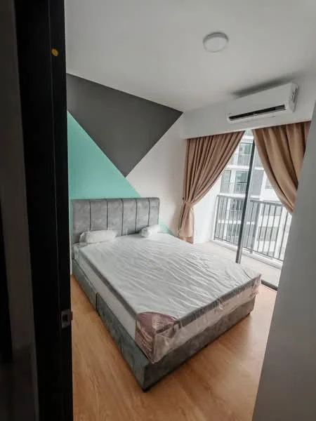 Bedroom features: queen-size bed, upholstered headboard, wooden flooring, floor-to-ceiling windows, sheer curtains, wall-mounted split AC, recessed ceiling light, accent wall in teal and grey, balcony access; style: modern; view: city.