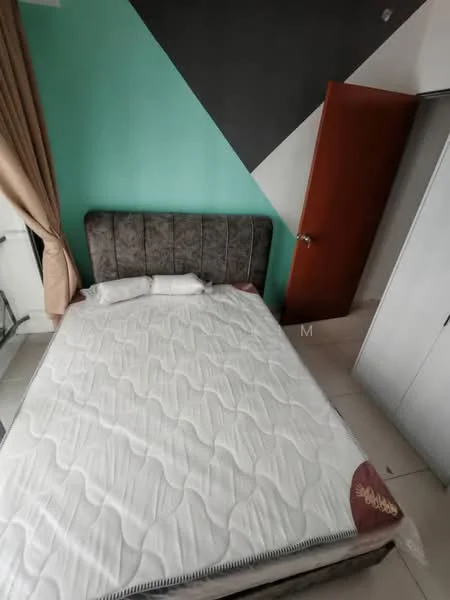Bedroom features: king-size bed, upholstered headboard, white bedding, green accent wall, grey accent wall, floor-to-ceiling window with sheer curtains, sliding mirror wardrobe, tile flooring, wooden door; style: modern.
