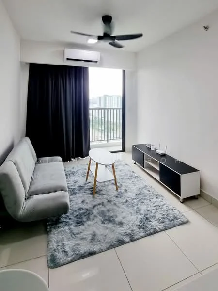 Living features: 3-seater fabric sofa in grey, coffee table with wooden legs, TV console in black and white, area rug with fluffy texture, floor-to-ceiling windows, blackout curtains, wall-mounted split AC, light-colored tiled flooring, ceiling fan with light; style: modern; view: city.