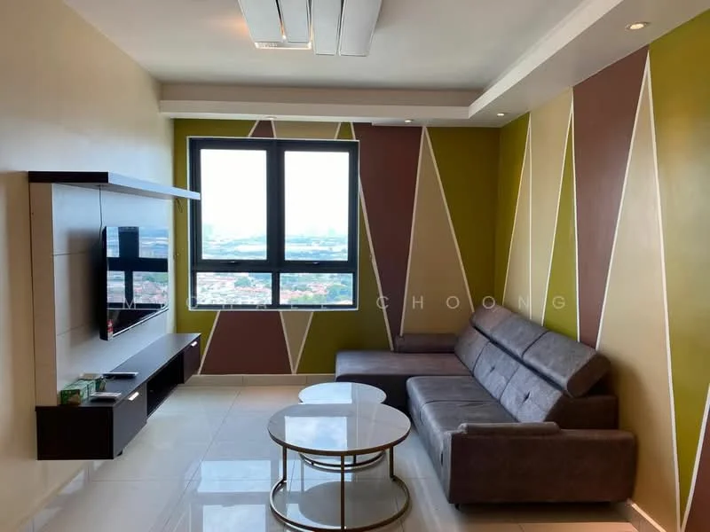 Living features: grey fabric sectional sofa, round coffee table, wall-mounted TV, white painted walls, accent wall with green and brown geometric pattern, large window with city view, recessed ceiling lights, glossy tile flooring; style: modern; view: city.
