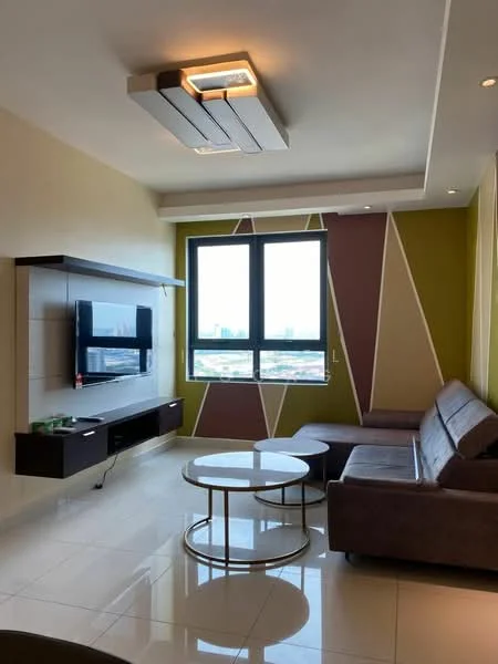 Living features: grey leather sofa, round glass coffee table, wall-mounted TV, TV console with storage, white tiled flooring, recessed ceiling lights, 5-blade ceiling fan, large window with city view, decorative accent wall with geometric patterns, neutral painted walls; style: modern; view: city.
