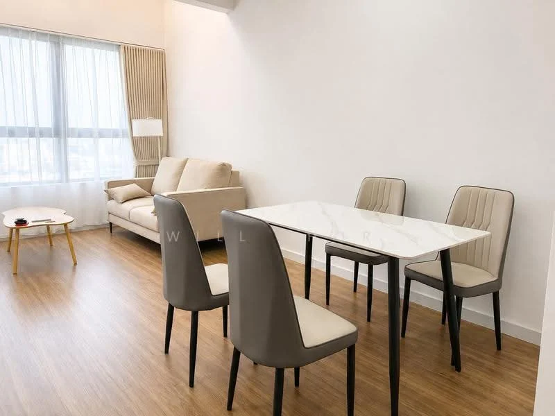 Living features: light wood laminate flooring, white painted walls, large window with sheer curtains, sofa in beige fabric, coffee table with round top, 4-seater dining table with marble top, 4 dining chairs with upholstered seats, floor lamp, decorative wall art; style: modern; view: city.