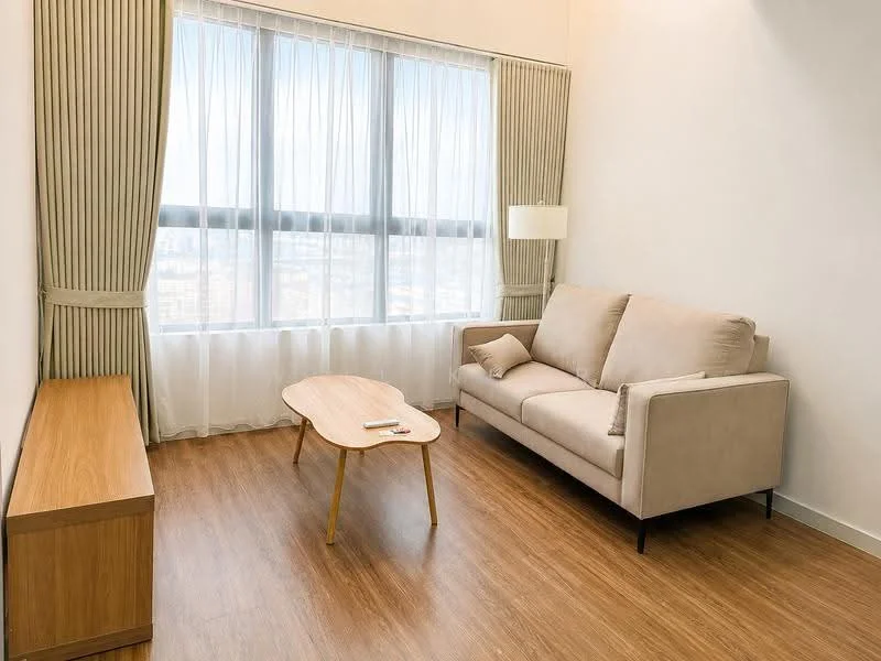 Living features: 3-seater fabric sofa in beige, wooden coffee table, floor-to-ceiling windows, sheer curtains, wooden sideboard, laminate flooring, white painted walls, recessed downlights; style: modern; view: city.