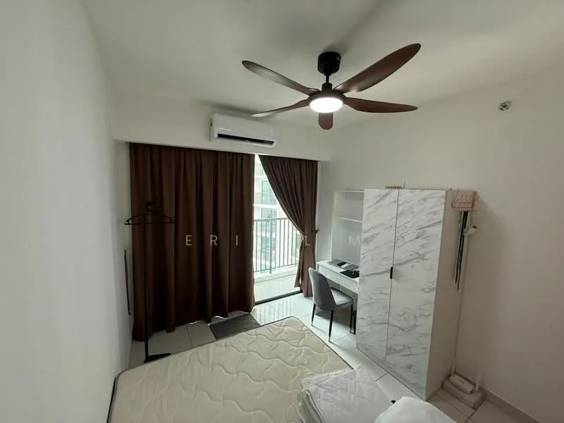 Bedroom features: white painted walls, tile flooring, 5-blade ceiling fan with light, floor-to-ceiling window, brown curtains, built-in wardrobe with marble finish, study desk, chair, clothes rack, unmade bed with mattress; style: modern; view: city.