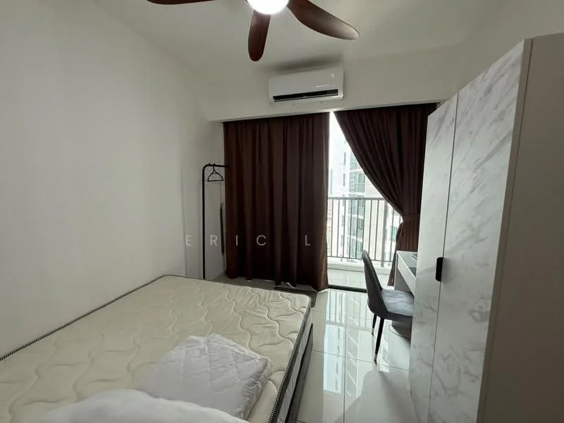 Bedroom features: queen-size bed, white walls, floor-to-ceiling windows, brown curtains, ceiling fan, white marble wardrobe, study desk, chair, tile flooring, air conditioning unit; style: modern; view: city.