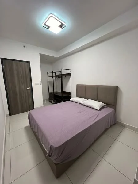 Bedroom features: queen-size bed with upholstered headboard, purple bedspread, two white pillows, built-in wardrobe with open shelving, white painted walls, tile flooring, recessed ceiling light, window with no visible treatment; style: modern.
