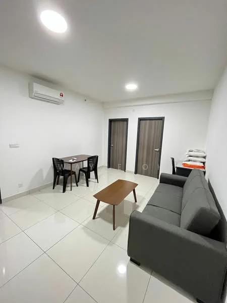Living features: grey fabric sofa, wooden coffee table, 4-seater dining table, black dining chairs, white painted walls, glossy ceramic tile flooring, 1 wall-mounted split AC, 2 wooden doors, recessed ceiling lights; style: modern.