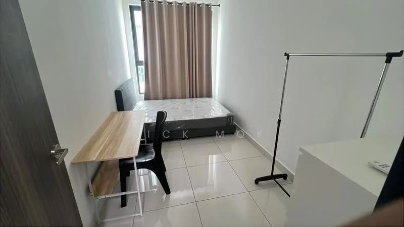 Bedroom features: queen-size bed with mattress, wooden desk, black chair, white wardrobe, floor-to-ceiling window, beige curtains, white painted walls, glossy ceramic tile flooring; style: modern.