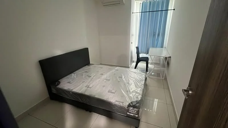 Bedroom features: queen-size bed with plastic cover, white walls, tile flooring, floor-to-ceiling window, blue curtains, air conditioning unit, study desk, chair; style: modern.