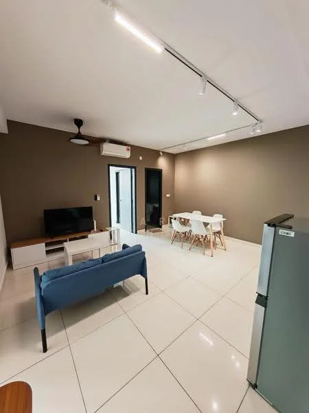 Living features: white painted walls, grey accent wall, polished ceramic tile flooring, 5-blade ceiling fan with light, recessed LED downlights, sofa in blue fabric, TV console, wall-mounted TV, dining table with white chairs, sliding glass door, air conditioning unit; style: modern.