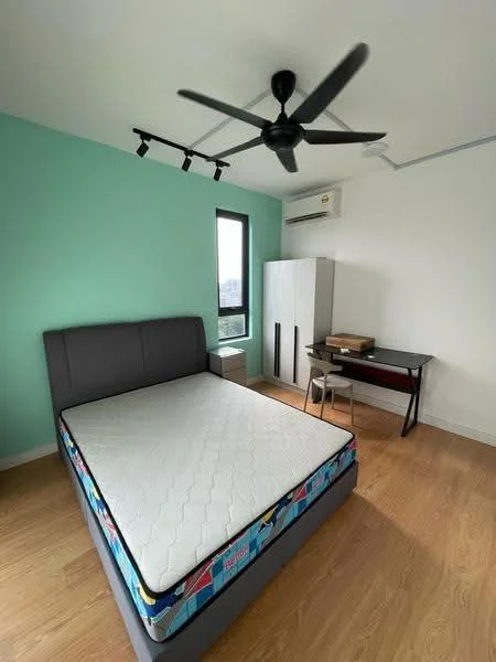 Bedroom features: queen-size bed frame without mattress, 5-blade ceiling fan with light, floor-to-ceiling window, light green painted walls, wooden flooring, built-in wardrobe, study desk, chair; style: modern; view: city.