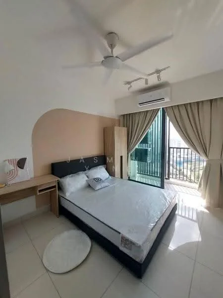Bedroom features: queen-size bed, upholstered headboard, bedside table, study desk, ceiling fan with light, floor-to-ceiling windows, curtains, tile flooring, built-in wardrobe, decorative wall with curved design, area rug; style: modern; view: city.