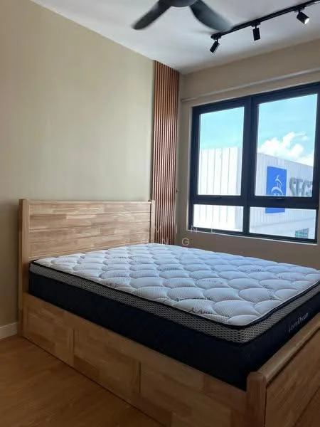 Bedroom features: queen-size bed, wooden bed frame, mattress with quilted top, light wood flooring, cream painted walls, large window with city view, blackout curtains, ceiling fan with light, track lighting, wood panel accent wall; style: modern; view: city.
