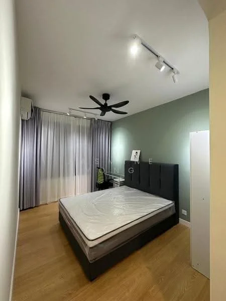 Bedroom features: queen-size bed, upholstered headboard, 5-blade ceiling fan with light, floor-to-ceiling windows, sheer curtains, light grey painted walls, laminate flooring, air conditioning unit, decorative artwork on wall, built-in wardrobe; style: modern.