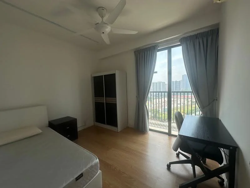 Bedroom features: queen-size bed, white bed frame, light wood flooring, floor-to-ceiling windows, curtains, black bedside table, white wardrobe with sliding doors, study desk, office chair, ceiling fan; style: modern; view: city.