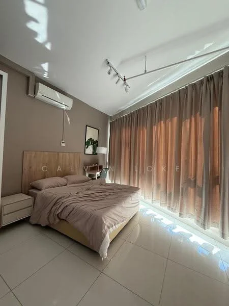 Bedroom features: king-size bed with beige bedding, wooden headboard, nightstand with drawer, floor-to-ceiling windows, sheer curtains, brown blackout curtains, recessed downlights, wall-mounted split AC, polished tile flooring, decorative wall art; style: modern.