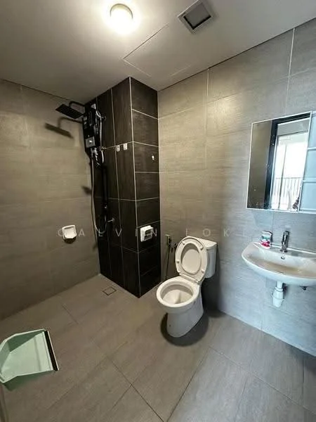 Bathroom features: grey ceramic tile flooring, dark grey wall tiles, walk-in shower with glass enclosure, rain shower head, handheld shower, chrome basin mixer, framed mirror, one-piece toilet, wall-mounted toilet paper holder, built-in shower niche, ceiling light, exhaust fan; style: modern.