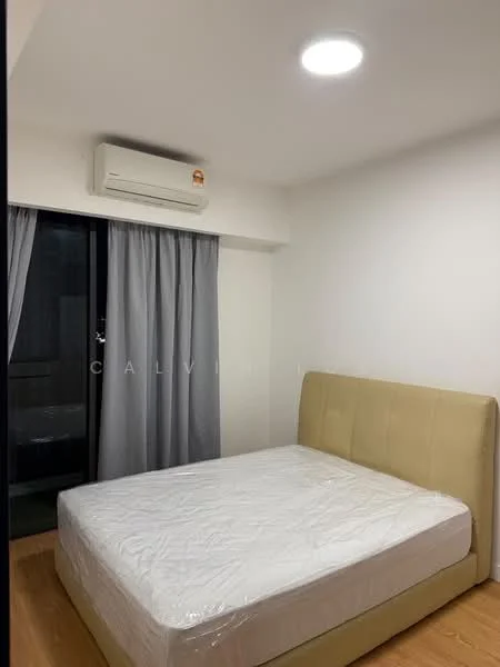 Bedroom features: queen-size bed, upholstered headboard, white walls, wooden flooring, floor-to-ceiling window, sheer curtains, 1 wall-mounted split AC, recessed ceiling light; style: modern.