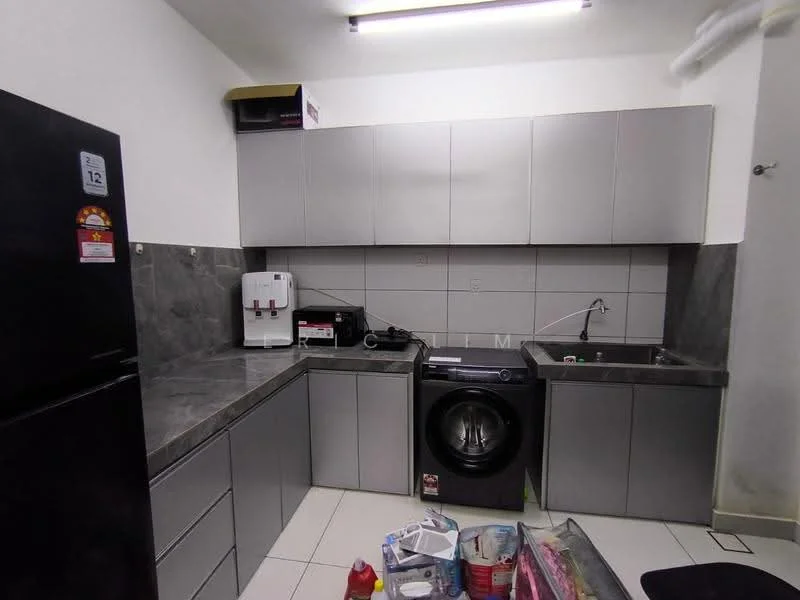 Kitchen features: grey cabinetry, black countertop, stainless-steel sink, chrome faucet, built-in washing machine, black refrigerator, white wall tiles, grey floor tiles, under-cabinet lighting, microwave, kitchen appliances, open shelving; style: modern.