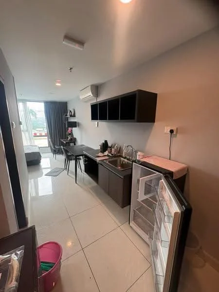 Room features: grey painted walls, white ceiling, recessed downlights, large sliding glass door, floor-to-ceiling windows, white tiled flooring, black cabinetry, black dining table with chairs, stainless-steel fridge, kitchen countertop, air conditioning unit, decorative plants, open layout; style: modern; view: city.