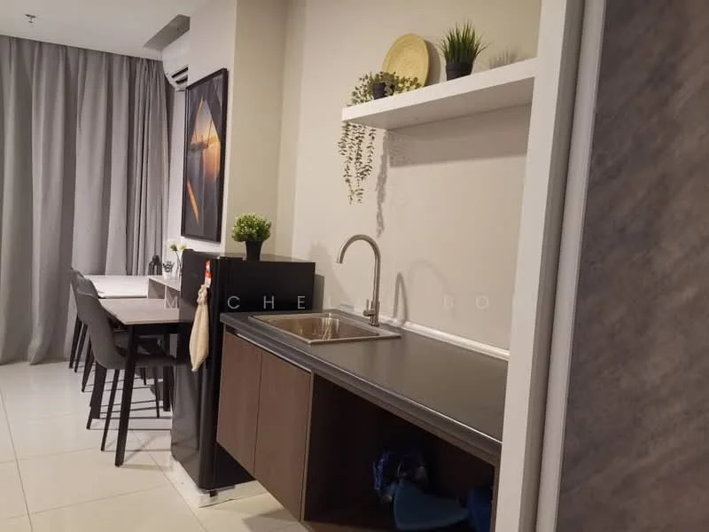 Kitchen features: single-bowl stainless-steel sink, chrome pull-down faucet, black countertop, dark wood cabinetry, open shelving, decorative plants on shelf, framed artwork on wall, white tile flooring, recessed downlights, wall-mounted air conditioning unit; style: modern.