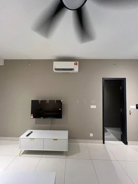 Living features: white wall, grey accent wall, white tiled flooring, wall-mounted TV, TV console in white with gold legs, 1 wall-mounted split AC, ceiling fan, door to hallway, light switch, power outlet; style: modern.