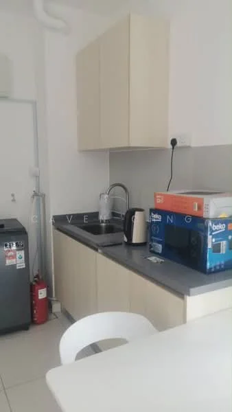Kitchen features: light wood cabinetry, grey countertop, single-bowl stainless-steel sink, chrome pull-down faucet, built-in electric kettle, freestanding fridge, microwave, tile flooring, wall-mounted air conditioning unit; style: modern.