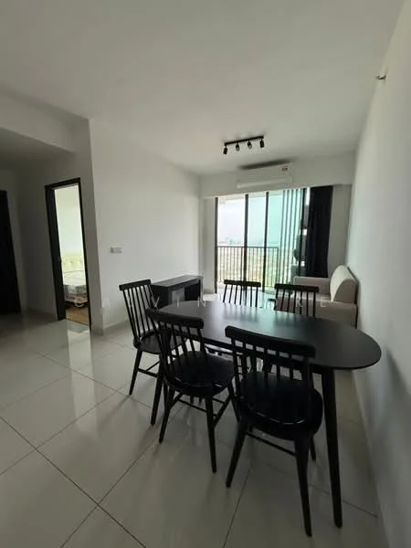 Dining features: black dining table, 6 black dining chairs, white walls, tile flooring, recessed downlights, floor-to-ceiling windows, curtains, air conditioning unit; style: modern; view: city. Living features: sofa, coffee table; style: modern; view: city.