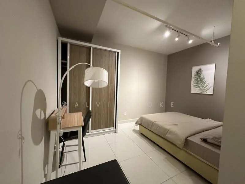 Bedroom features: queen-size bed with beige bedding, wooden headboard, study desk with chair, floor lamp with white shade, built-in wardrobe with sliding doors, white painted walls, grey accent wall, recessed ceiling lights, tile flooring; style: modern.