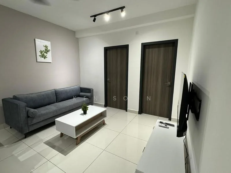 Living features: grey fabric 3-seater sofa, white coffee table, wall-mounted TV, light-colored tiled flooring, white painted walls, accent wall in light grey, recessed LED downlights, ceiling fan, decorative wall art, two wooden doors, small indoor plant; style: modern.
