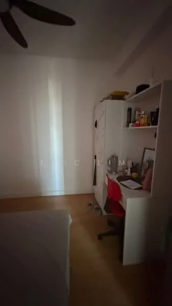 Bedroom features: wooden flooring, white painted walls, ceiling fan, built-in wardrobe, study desk with chair, decorative items on shelf, window with sheer curtains; style: modern.