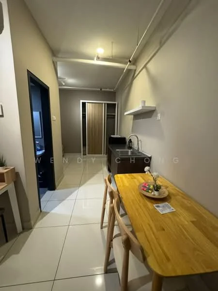 Dining features: wood dining table, 4 wooden chairs, white walls, grey accent wall, recessed ceiling lights, tile flooring, open shelving, black countertop, kitchenette with sink, built-in wardrobe, ceiling fan; style: modern.