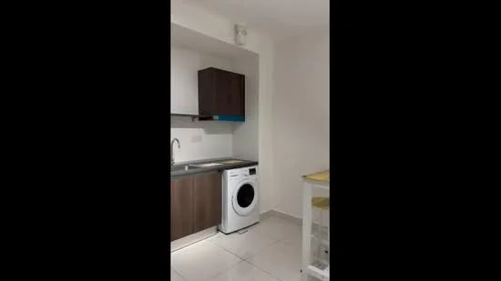 Laundry features: single-bowl stainless-steel sink, chrome pull-down faucet, wood cabinetry in dark brown, white front-load washing machine, grey countertop, white tiled flooring, white painted walls, recessed downlights; style: modern.