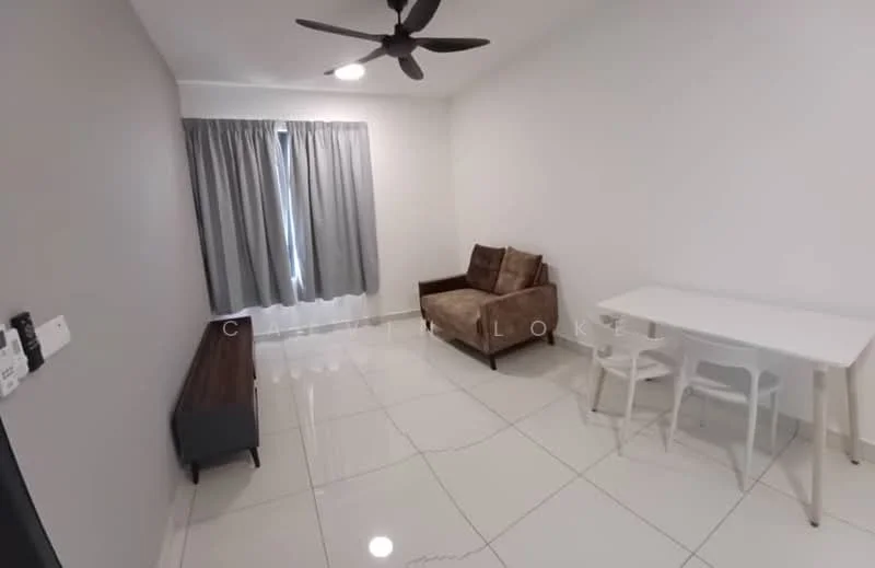 Living features: grey painted accent wall, white painted walls, glossy white tile flooring, 5-blade ceiling fan, large window with sheer curtains, brown fabric armchair, white dining table, 2 white chairs, dark wood console table; style: modern.