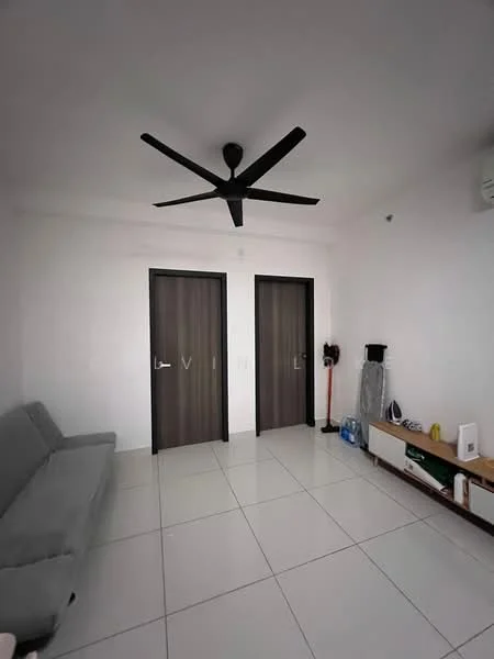 Living features: grey fabric sofa, 5-blade ceiling fan in black, white painted walls, white tile flooring, two wooden doors, wooden TV console, vacuum cleaner, decorative items on console; style: modern.