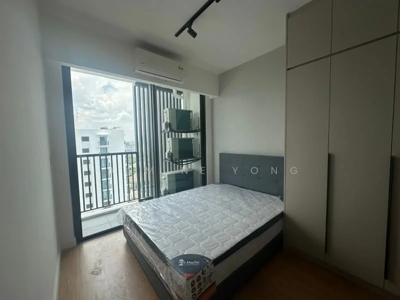 Bedroom features: queen-size bed, grey upholstered headboard, floor-to-ceiling windows, balcony access, wooden flooring, built-in wardrobe, air conditioning unit, wall-mounted TV, decorative wall paneling; style: modern; view: city.