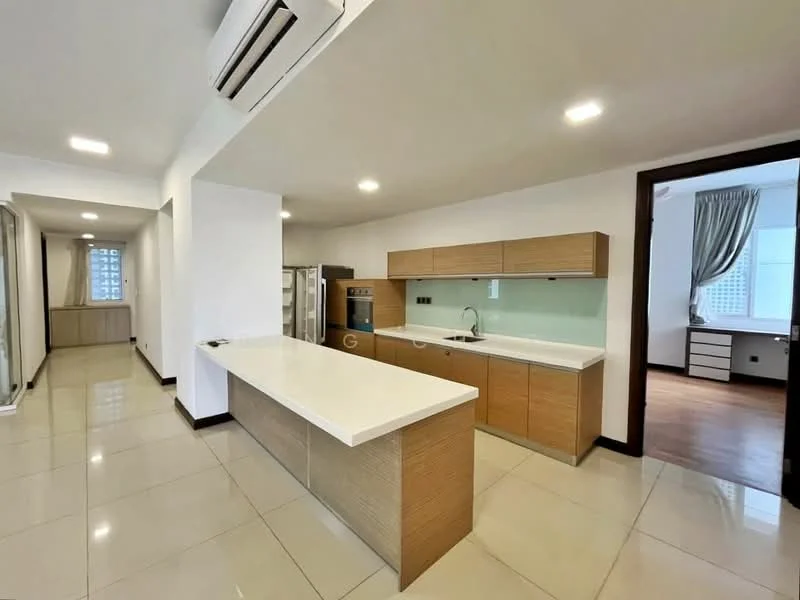 Kitchen features: white quartz countertop, wood cabinetry, stainless-steel fridge, built-in oven, 4-burner gas hob, single-bowl stainless-steel sink, chrome pull-down faucet, glass backsplash, recessed LED downlights, wall-mounted split AC, tile flooring, open layout; style: modern. Room features: light-colored walls, wood flooring, large windows, curtains.