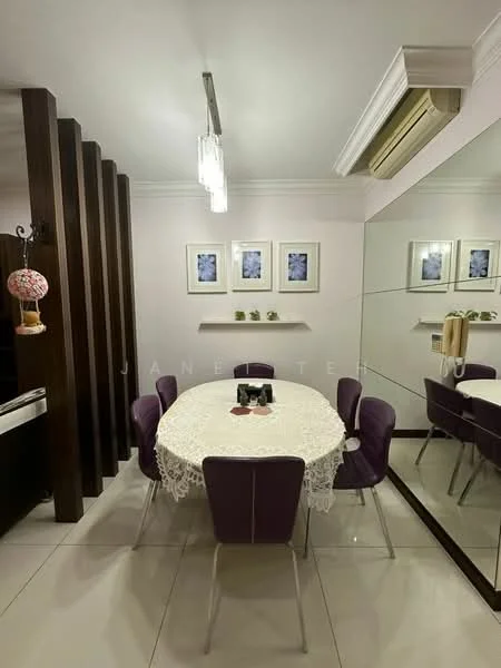 Dining features: round dining table, white lace tablecloth, 4 purple upholstered dining chairs, mirror wall, recessed ceiling lights, wall-mounted air conditioning unit, decorative wall art, shelf with decorative items, white painted walls, glossy tile flooring; style: modern.