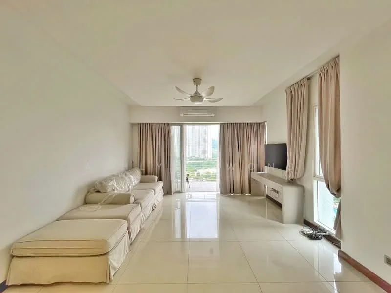 Living features: 3-seater fabric sofa in white, ceiling fan with light, floor-to-ceiling windows, curtains in beige, white painted walls, glossy tile flooring, wall-mounted TV, TV console in white, air conditioning unit; style: modern; view: city.