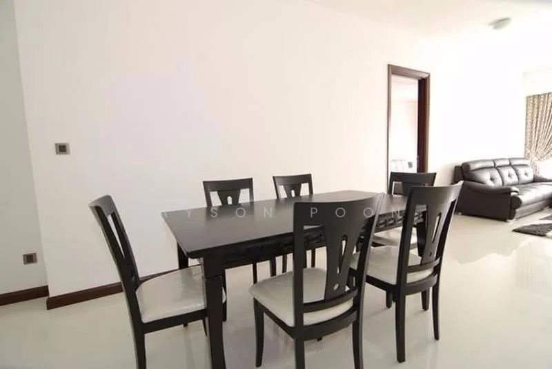 Dining features: 6-seater dining table, black wooden dining chairs, white upholstered seat cushions, polished tile flooring, white painted walls, natural light from window, decorative wall with no visible artwork, open layout to living area; style: modern. Living features: black leather sofa, area rug, natural light from window, white painted walls, polished tile flooring; style: modern.