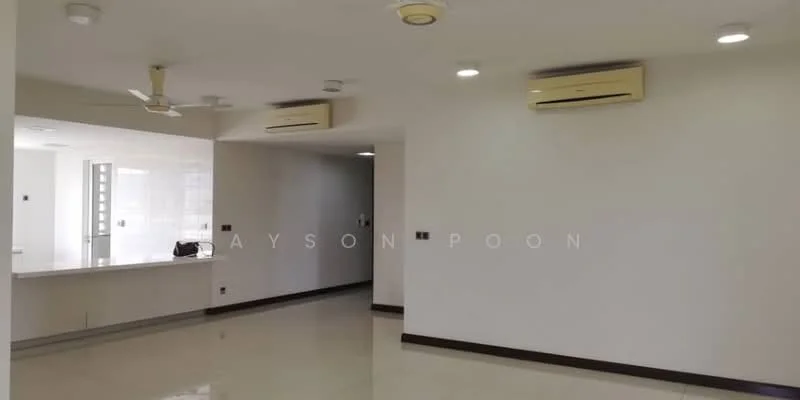 Room features: white painted walls, polished tile flooring, 2 wall-mounted split ACs, ceiling fan, recessed downlights, open layout, neutral color scheme, no visible furniture; style: modern.