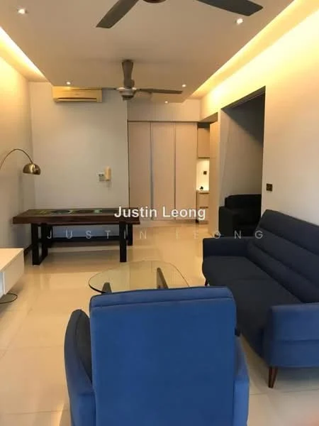 Living features: blue fabric 3-seater sofa, blue fabric armchair, glass coffee table, ceiling fan, recessed downlights, white painted walls, cream tiled flooring, wall-mounted air conditioning unit, built-in wardrobe with sliding doors, decorative floor lamp; style: modern.