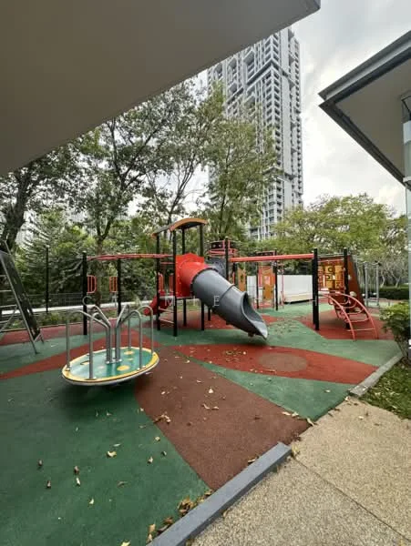 Exterior type: landscape garden; features: children's playground, slide, climbing frame, merry-go-round, rubberized flooring, surrounding greenery, high-rise building in background, paved walkway; style: modern.