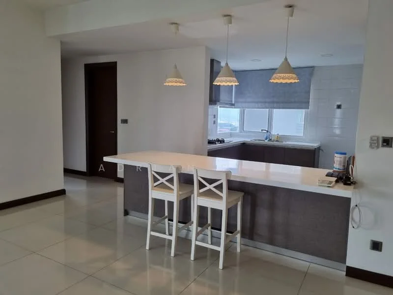 Kitchen features: white painted walls, glossy tile flooring, kitchen island with breakfast bar, stainless-steel sink, chrome pull-down faucet, built-in gas hob, built-in oven, white cabinetry, grey countertop, pendant lighting, window with natural light, bar stools, open layout, recessed downlights; style: modern.