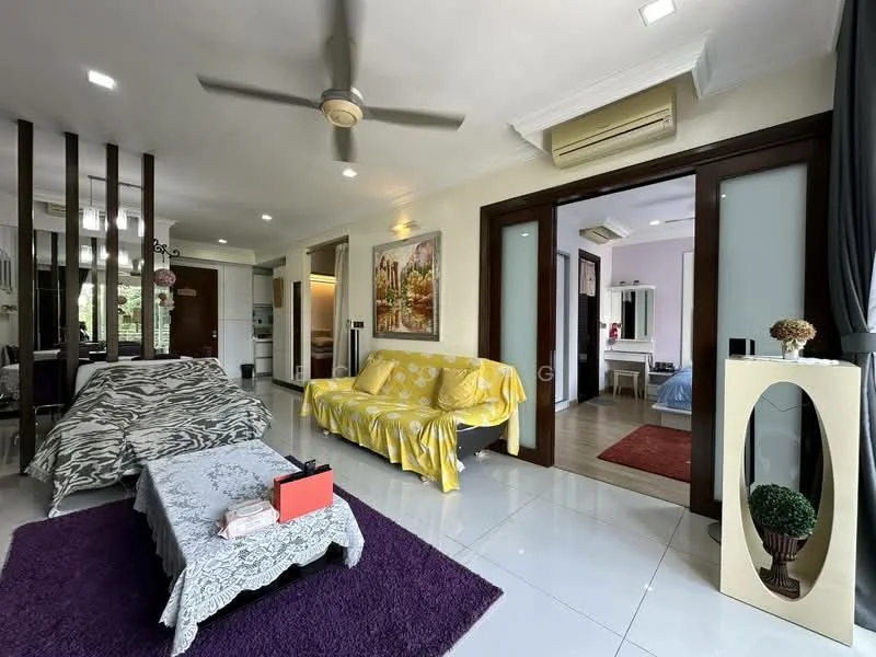 Living features: 5-blade ceiling fan with light, sofa with yellow throw, zebra print throw on sofa, coffee table, area rug in purple, wall-mounted air conditioning unit, decorative wall art, sliding glass door, floor-to-ceiling windows, white tiled flooring, recessed downlights, wooden door, built-in shelving unit; style: modern. Room features: white walls, wooden flooring, decorative mirror, bedroom visible through sliding door.