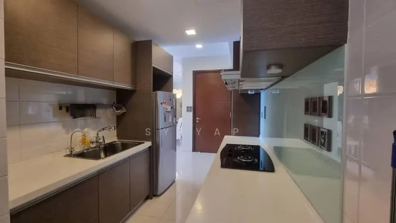 Kitchen features: L-shaped countertop, white quartz countertop, stainless-steel sink, chrome pull-down faucet, built-in gas hob, stainless-steel range hood, built-in refrigerator, dark wood cabinetry, white tiled backsplash, recessed downlights, wall-mounted electrical outlets; style: modern.