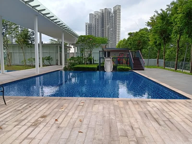 Exterior type: swimming pool deck; features: infinity pool, pool deck with loungers, water slide, landscaped garden, manicured lawn, surrounded by mature trees, modern pavilion, stone-paved walkway; style: modern.